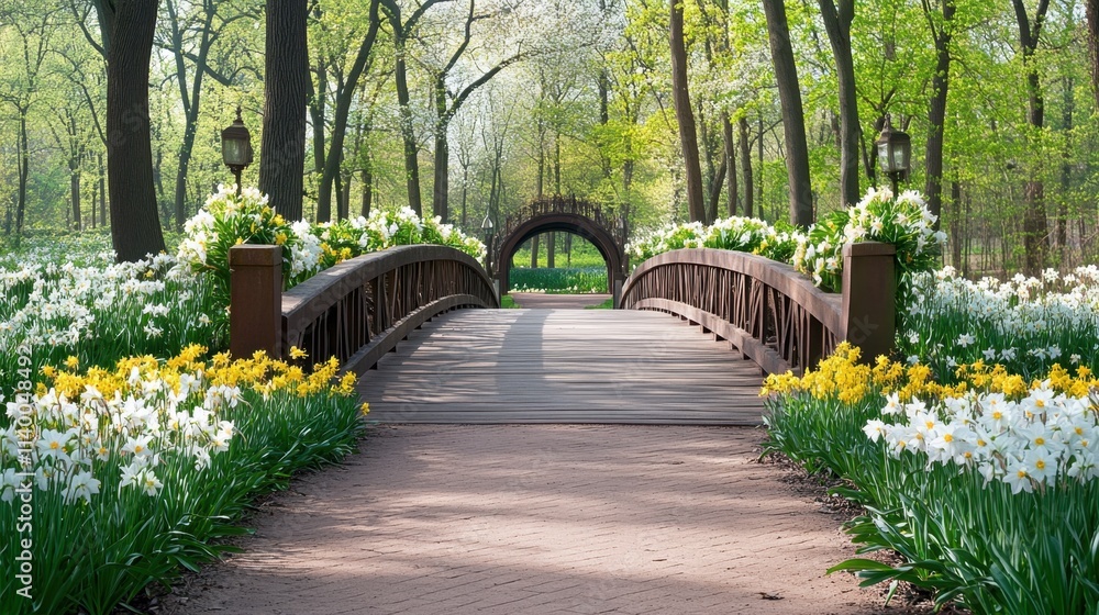 Obraz premium Serene Spring Bridge Surrounded by Colorful Flowers in the Park