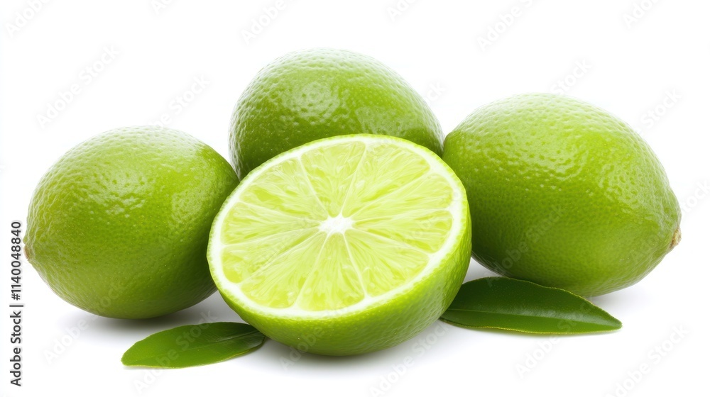 A group of fresh limes with one cut in half, showcasing their juicy interior. A group of fresh limes with one cut in half, showcasing their juicy interior.