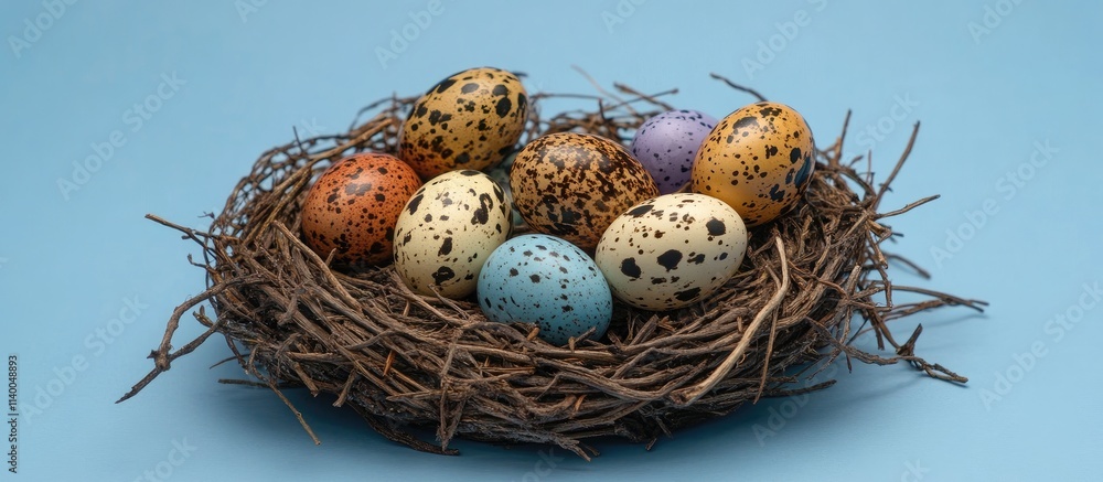 Obraz premium Colorful quail eggs nestled in a rustic nest on a serene blue background showcasing spring themes and festive decorations.