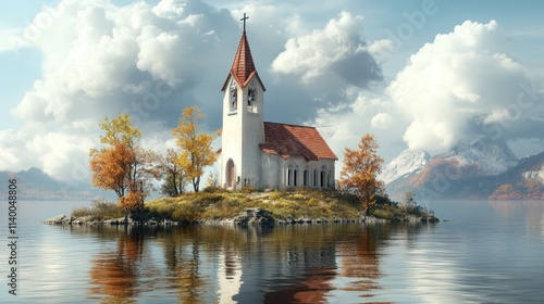 Scenic Island Church Surrounded by Autumn Trees with Reflection in Calm Waters and Dramatic Cloudy Sky photo