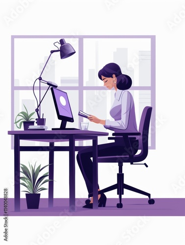 office illustration Woman Reading at Her Office Desk with City View