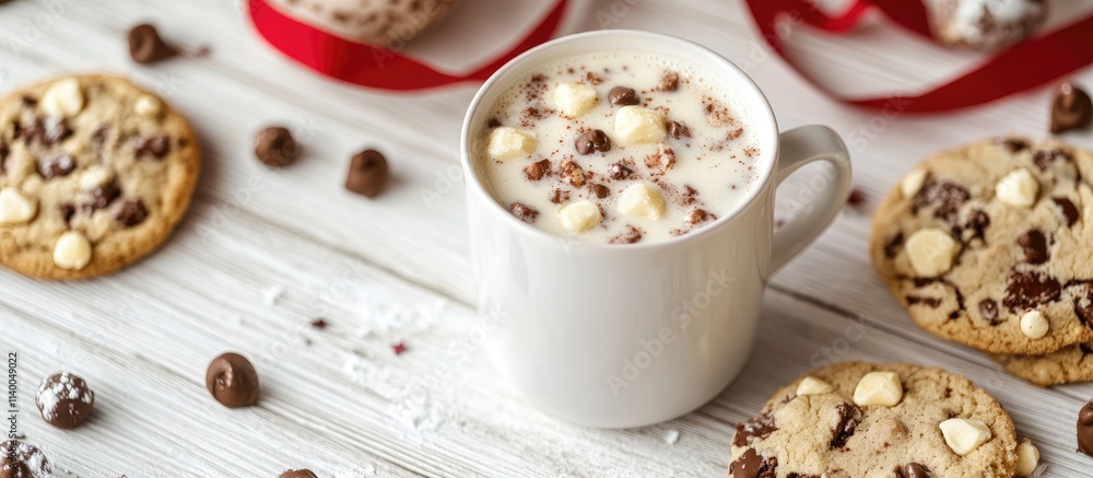 Cookies and a cup of milk with festive decorations on a rustic white wooden table atmospheric cozy food styling Cookies and a cup of milk with festive decorations on a rustic white wooden table atmospheric cozy food styling