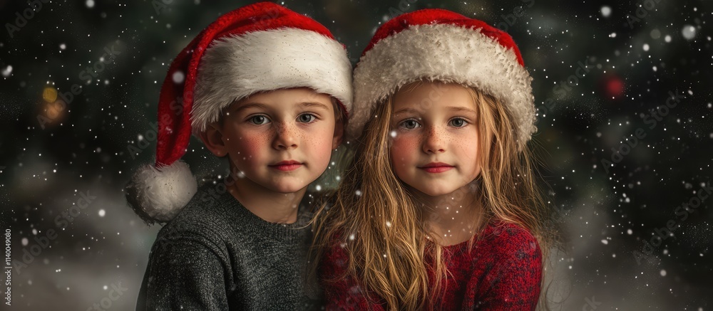 Children in festive Santa hats smiling together in a cozy studio with a holiday backdrop and snow effects. Children in festive Santa hats smiling together in a cozy studio with a holiday backdrop and snow effects.