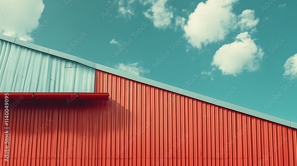 Abstract Architectural Composition: Red and Teal Metal Building Under a Summer Sky Abstract Architectural Composition: Red and Teal Metal Building Under a Summer Sky