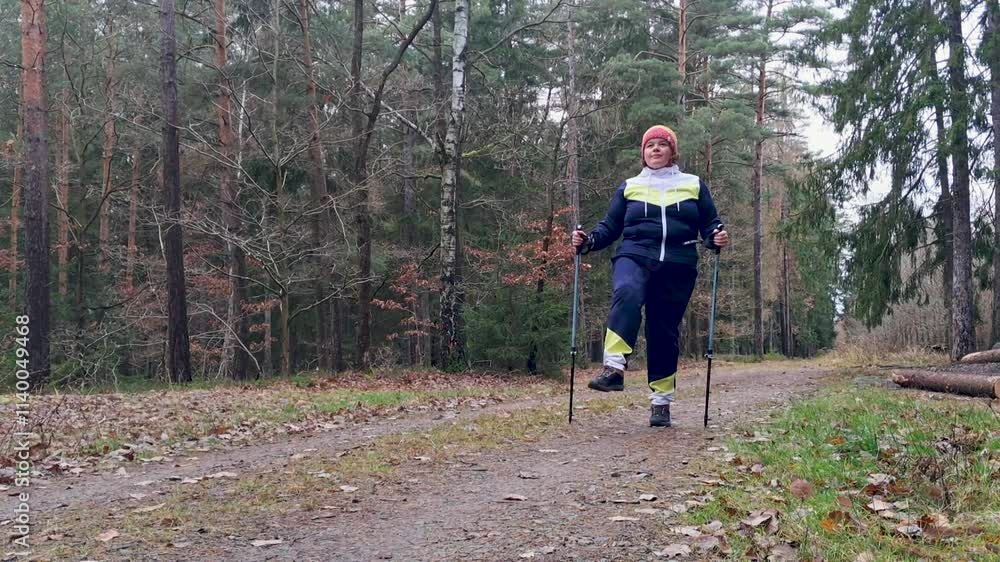 A plus-size woman training with Nordic walking poles in an autumn forest. A plus-size woman training with Nordic walking poles in an autumn forest.