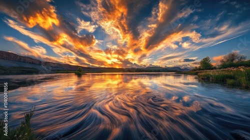 Sunset over tranquil river with vibrant clouds and reflections in water creating a serene and picturesque landscape scene photo