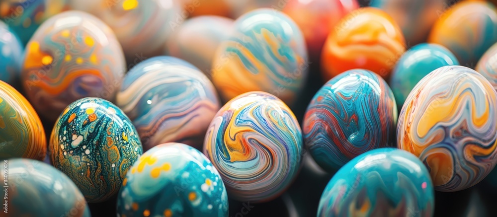 Fototapeta premium Colorful Easter eggs arranged in a vibrant background showcasing intricate designs and patterns perfect for spring holiday celebrations.