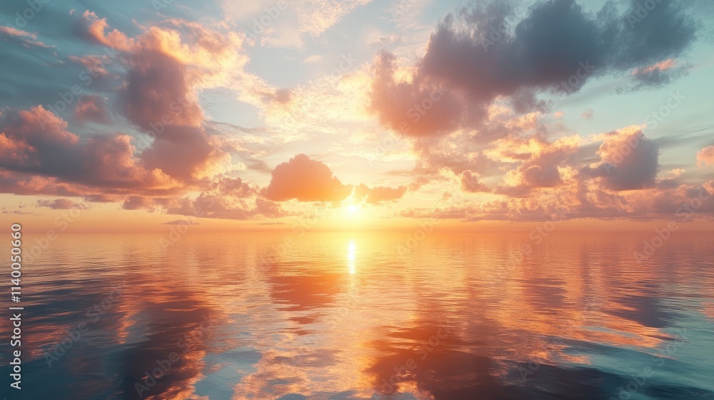 Serene sunset with vibrant clouds reflecting on calm water surface creating a peaceful and tranquil atmosphere Serene sunset with vibrant clouds reflecting on calm water surface creating a peaceful and tranquil atmosphere