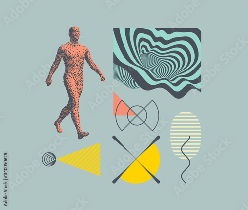 Abstract man stepping forward. 3D human body model with stipple effect. Pattern with optical illusion. Abstract striped background. Art composition of flat colorful vector shapes. Vector for design.