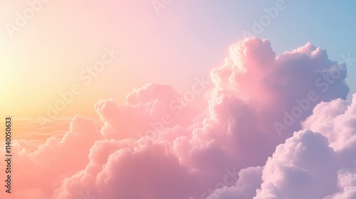 Fototapeta Naklejka Na Ścianę i Meble -  Serene sunset clouds glowing in vibrant salmon pink grey and pale blue as the sun gracefully sets over the tranquil ocean horizon