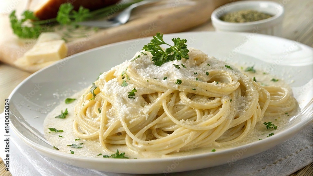 A comforting plate of spaghetti coated in rich, creamy Alfredo sauce, topped with grated Parmesan and fresh parsley, served on a white ceramic plate in soft, natural lighting. A comforting plate of spaghetti coated in rich, creamy Alfredo sauce, topped with grated Parmesan and fresh parsley, served on a white ceramic plate in soft, natural lighting.