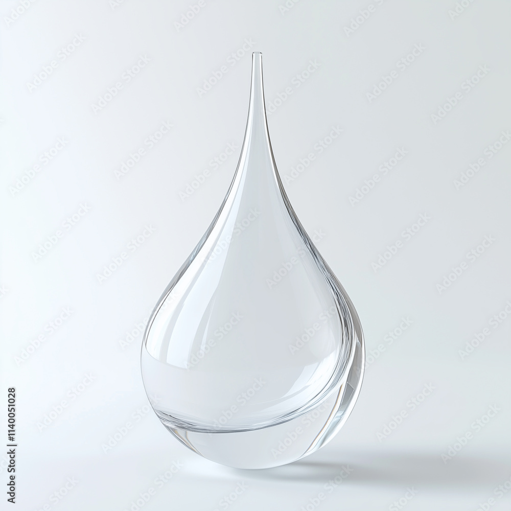 A transparent glass water droplet suspended in mid-air over a white background A transparent glass water droplet suspended in mid-air over a white background