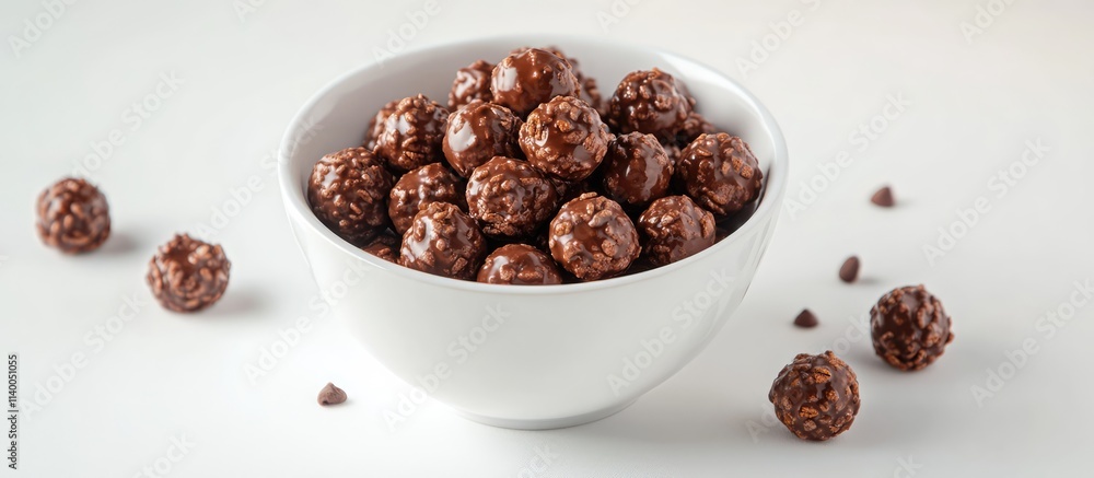 Chocolate cornflake balls in a white bowl on a clean background showcasing a delicious breakfast food concept. Ideal for food advertisements. Chocolate cornflake balls in a white bowl on a clean background showcasing a delicious breakfast food concept. Ideal for food advertisements.