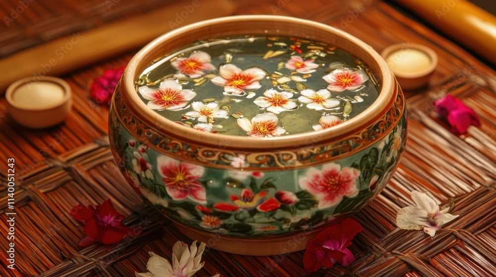 Serene Bowl of Water with Floating Flowers and Decorative Details Serene Bowl of Water with Floating Flowers and Decorative Details