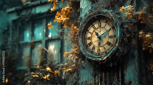 Antique clock covered in moss and vines on a weathered wall with a vintage window in a mysterious, overgrown setting photo