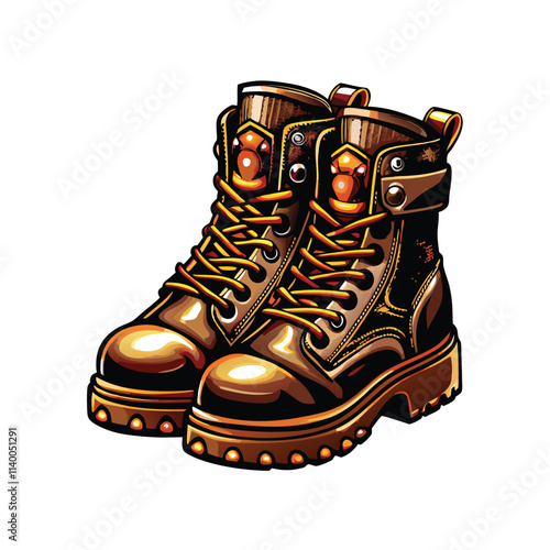 Stylish combat boots featuring bold metallic accents; chunky sole, detailed stitching, fashionable footwear.