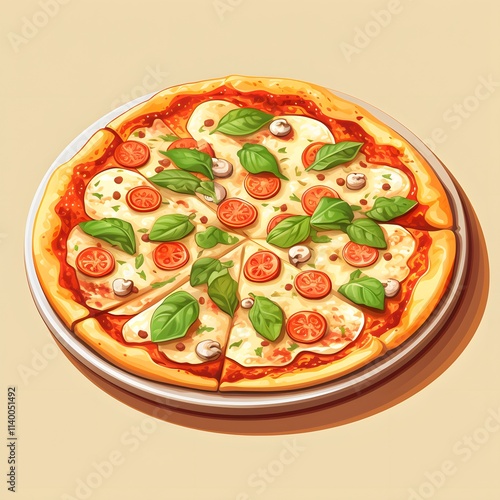 Drawing of pizza with tomatoes, basil leaves and melted cheese cut in slices on a white plate with beige background.