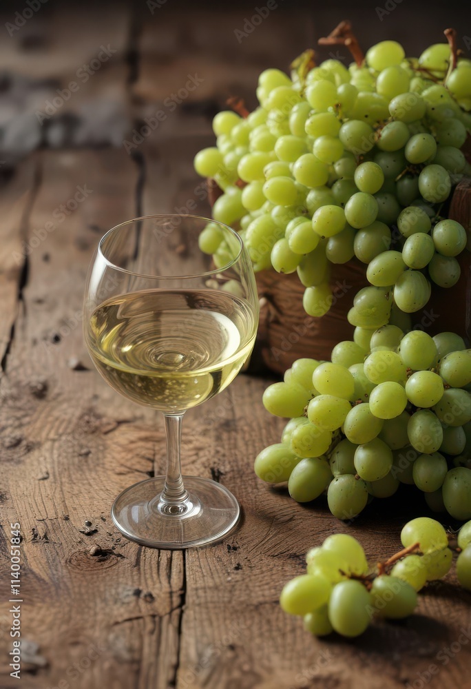Crisp white wine, juicy green grapes, rustic wood , texture, beverage, elegant Crisp white wine, juicy green grapes, rustic wood , texture, beverage, elegant