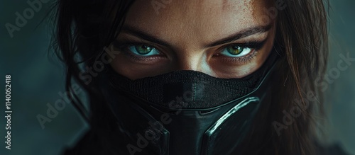 Intense gaze of a woman in a protective mask highlighting her striking eyes and conveying a sense of mystery and strength photo