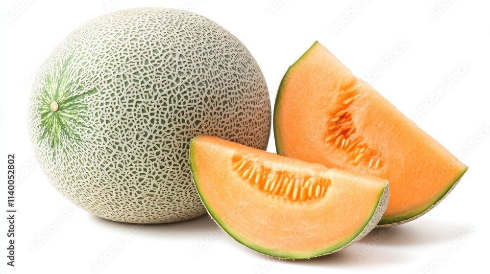 A whole cantaloupe with two slices, showcasing its orange flesh and textured rind. A whole cantaloupe with two slices, showcasing its orange flesh and textured rind.