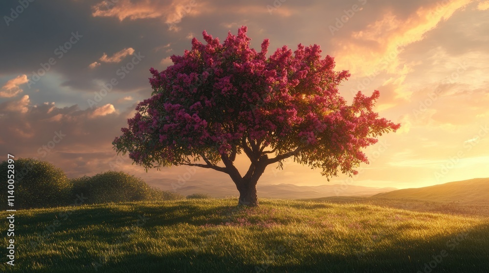 Fototapeta premium Crape myrtle tree in vibrant bloom surrounded by lush greenery at sunset in a picturesque landscape scene