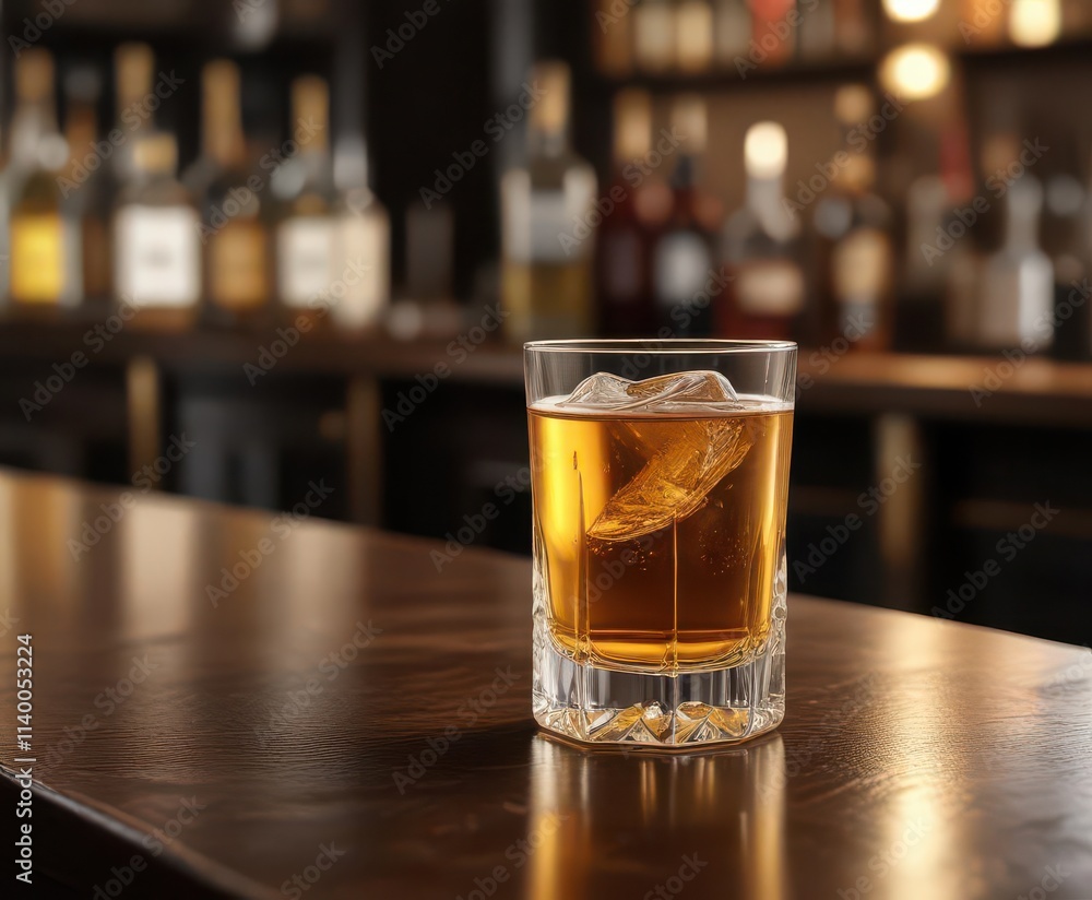 A single glass of golden liqueur rests on a polished bar top , counter, ice, A single glass of golden liqueur rests on a polished bar top , counter, ice,