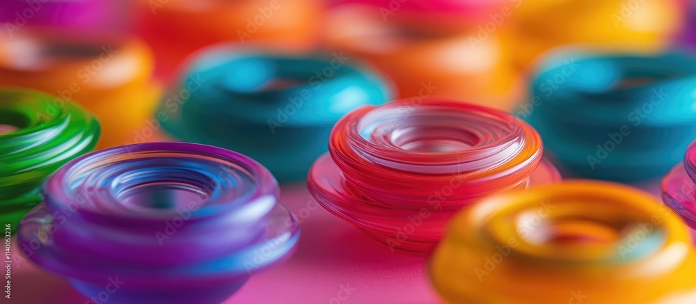 Colorful stress relief spinners in vibrant hues on a soft monochromatic background creating a visually appealing toy arrangement Colorful stress relief spinners in vibrant hues on a soft monochromatic background creating a visually appealing toy arrangement