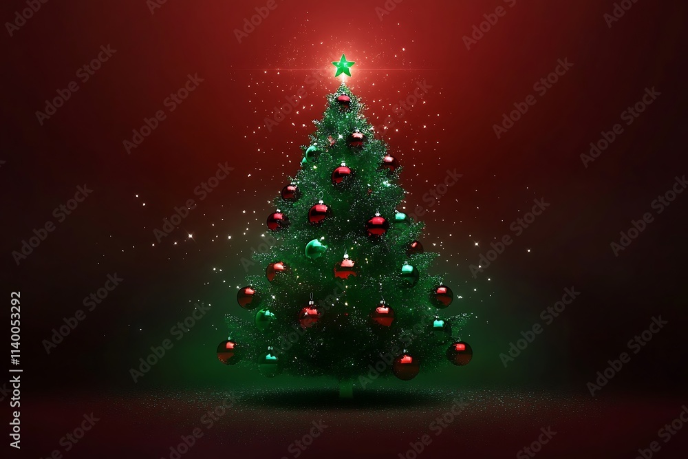 Christmas Tree with Red and Green Baubles and Snow-covered Base Christmas Tree with Red and Green Baubles and Snow-covered Base
