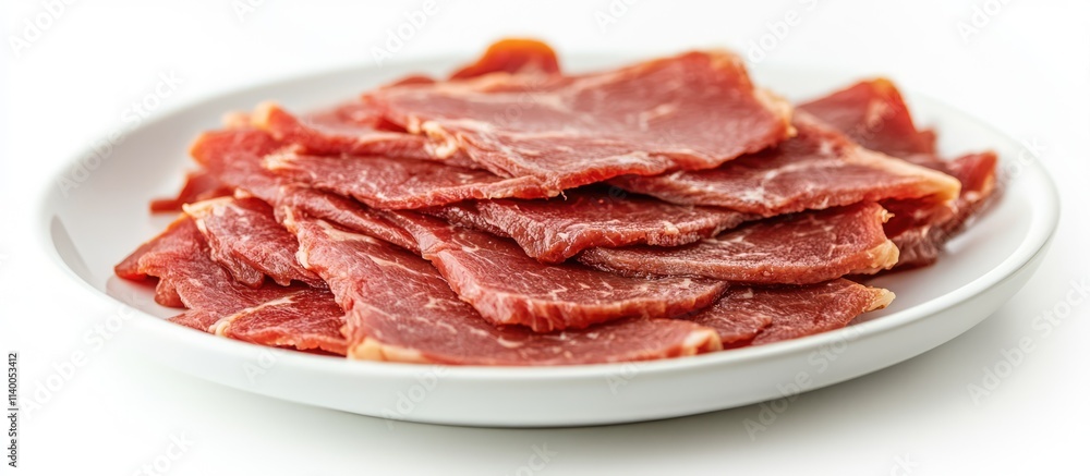Sliced roast beef pieces arranged neatly on a white plate against a clean background showcasing texture and color of the meat Sliced roast beef pieces arranged neatly on a white plate against a clean background showcasing texture and color of the meat