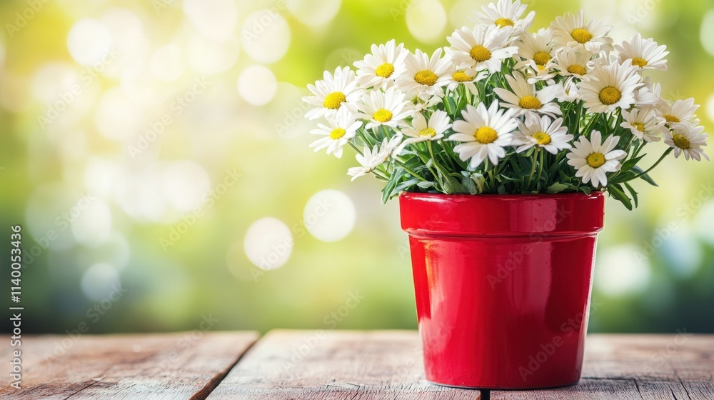 Bright White Daisies in a Red Pot on a Rustic Wooden Table Bright White Daisies in a Red Pot on a Rustic Wooden Table