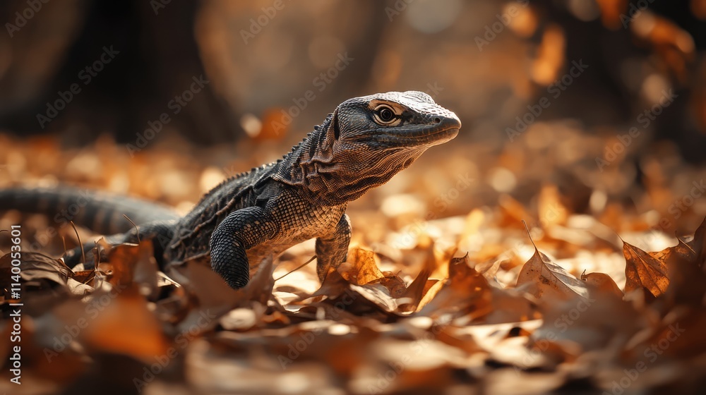 Obraz premium Clouded monitor lizard exploring a forest floor covered in vibrant autumn leaves