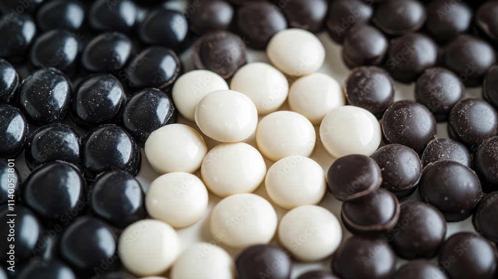 Assorted white milk and dark chocolate candies arranged in a visually pleasing flat lay composition for dessert and confectionery presentations Assorted white milk and dark chocolate candies arranged in a visually pleasing flat lay composition for dessert and confectionery presentations