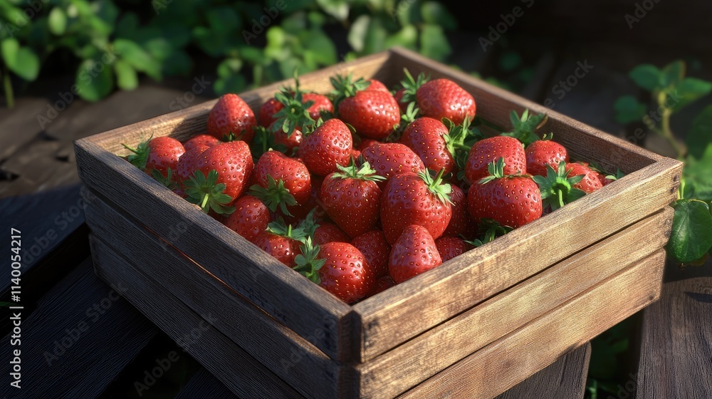Freshly harvested organic strawberries in a rustic wooden crate on a sunny day surrounded by green leaves and soft natural lighting Freshly harvested organic strawberries in a rustic wooden crate on a sunny day surrounded by green leaves and soft natural lighting