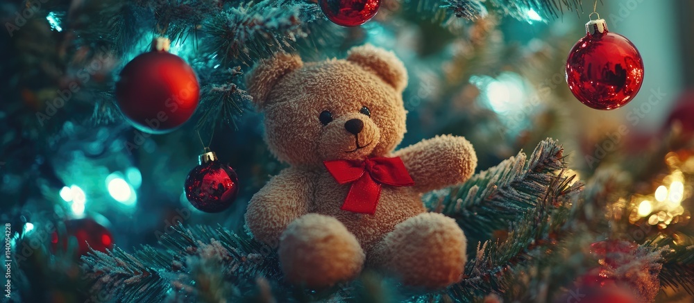 Festive teddy bear ornament on a Christmas tree surrounded by colorful decorations and soft bokeh lights creating a warm holiday atmosphere Festive teddy bear ornament on a Christmas tree surrounded by colorful decorations and soft bokeh lights creating a warm holiday atmosphere