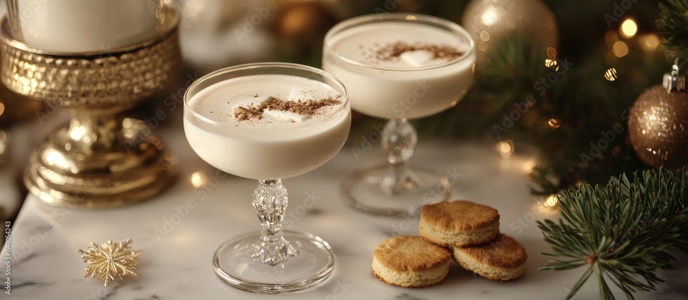 Festive eggnog served in elegant glasses with marshmallows beside biscuits and decorated with spruce branches and holiday ornaments Festive eggnog served in elegant glasses with marshmallows beside biscuits and decorated with spruce branches and holiday ornaments