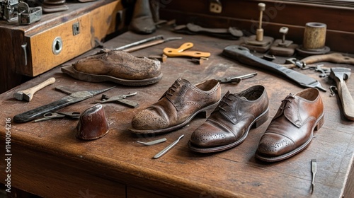 Vintage Shoe Workshop with Tools and Classic Leather Footwear photo