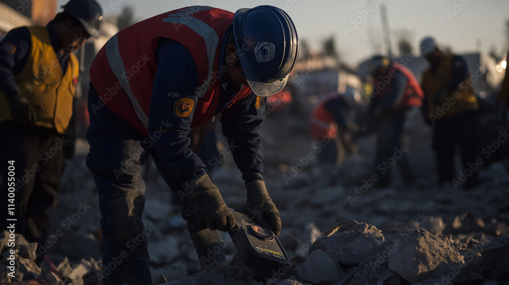 Fototapeta premium Search team meticulously sifting through debris and rubble, demonstrating unwavering dedication and teamwork in the face of challenging circumstances.