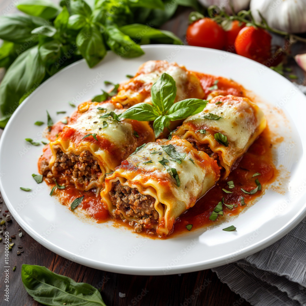 A mouthwatering food dish featuring lasagna rolls filled with cooked, crumbled beef burger patty mixed with marinara sauce. A mouthwatering food dish featuring lasagna rolls filled with cooked, crumbled beef burger patty mixed with marinara sauce.