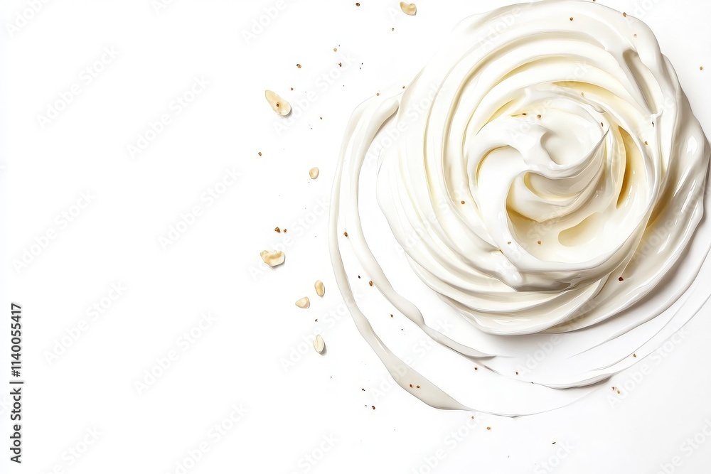 Fototapeta premium Creamy Whipped Topping Swirled on a White Surface with a Few Flakes of Nuts for Culinary Inspiration and Food Presentation Ideas