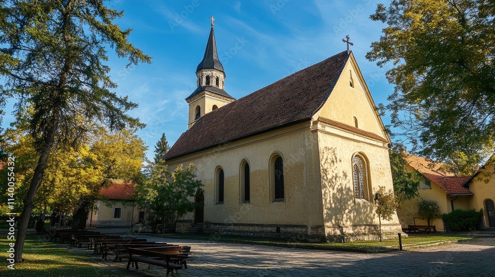 Historic church surrounded by lush greenery in a serene setting under a clear blue sky in the heart of a charming town. Historic church surrounded by lush greenery in a serene setting under a clear blue sky in the heart of a charming town.