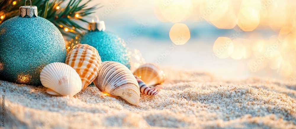 Christmas ornaments and seashells on sandy beach creating a festive coastal holiday ambiance with a bokeh effect in the background Christmas ornaments and seashells on sandy beach creating a festive coastal holiday ambiance with a bokeh effect in the background