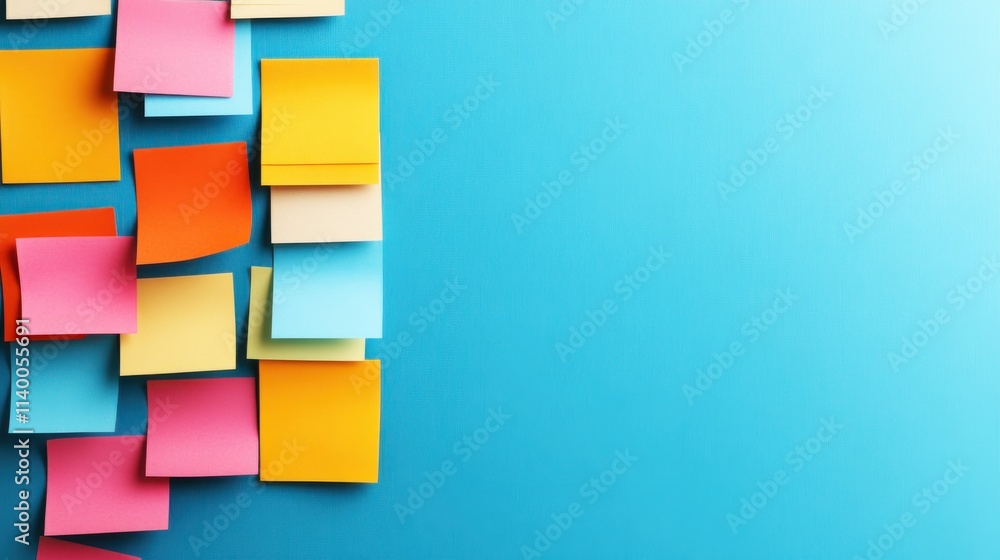 A colorful arrangement of sticky notes on a blue background, ideal for reminders, brainstorming, and organization. A colorful arrangement of sticky notes on a blue background, ideal for reminders, brainstorming, and organization.