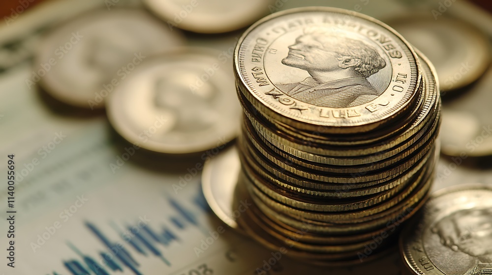 Closeup of US dollar coins stacked on a stock market graph Closeup of US dollar coins stacked on a stock market graph