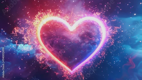 A vibrant, neon heart ablaze with cosmic energy, set against a backdrop of swirling nebulae and stardust. This captivating image evokes feelings of passion, love.