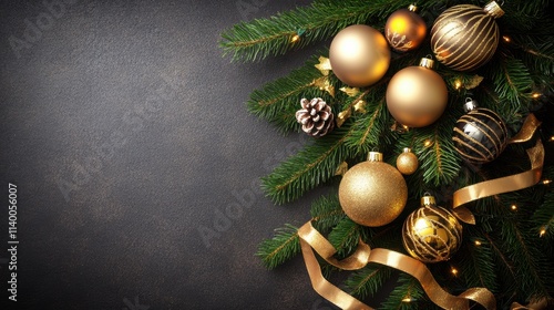 Christmas Background Luxurious Christmas Decoration with Golden Ornaments and Pine Branches on a Dark Background