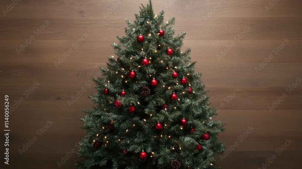 Christmas tree adorned with red decorations set against a rustic wooden background viewed from above Christmas tree adorned with red decorations set against a rustic wooden background viewed from above
