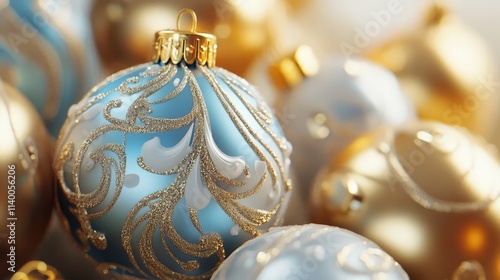 Wallpaper Mural Elegant Christmas tree ornaments in gold and blue with intricate designs creating a festive and luxurious holiday ambiance. Torontodigital.ca