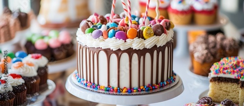 Colorful candy bar cake with festive decorations surrounded by various cupcakes and desserts ideal for celebrations and special occasions photo