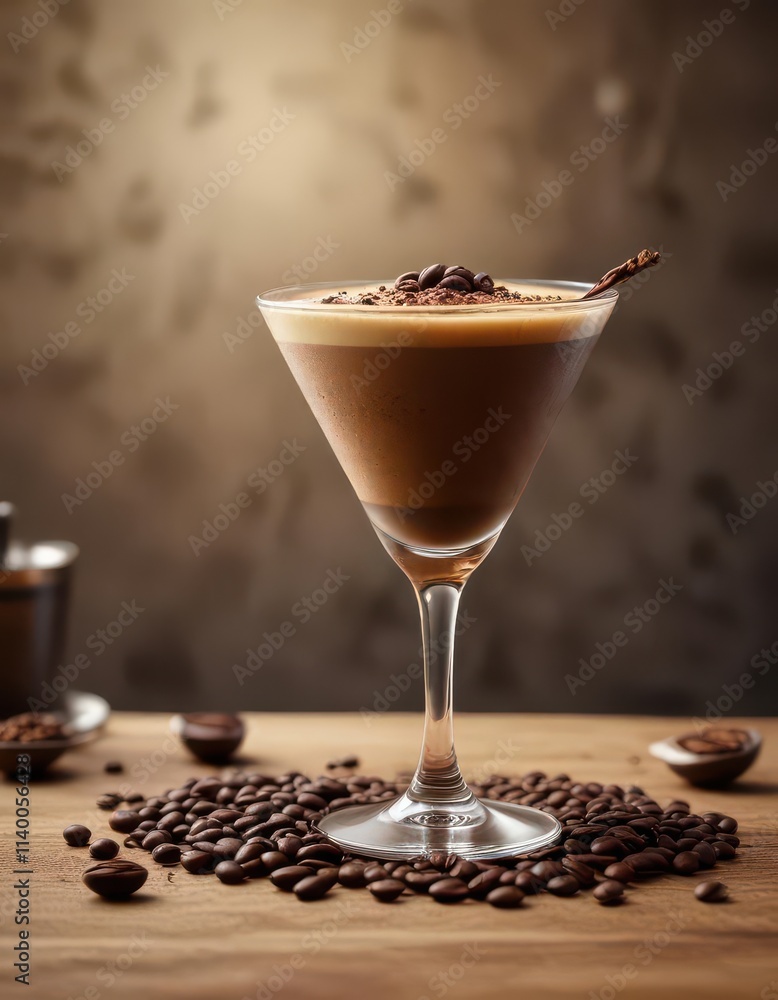 Aromatic espresso martini, coffee beans garnish, ice, caffeine, vodka Aromatic espresso martini, coffee beans garnish, ice, caffeine, vodka