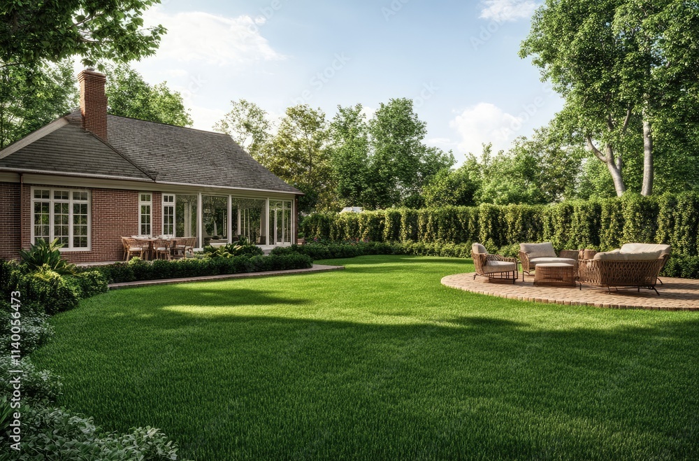 A large, perfectly manicured backyard with green grass and an outdoor seating area featuring four chairs around a fire pit. The house is in the background, showcasing its brick exterior and white wind A large, perfectly manicured backyard with green grass and an outdoor seating area featuring four chairs around a fire pit. The house is in the background, showcasing its brick exterior and white wind